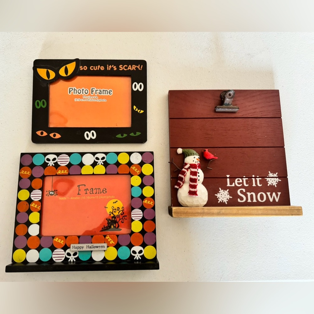 Lot of 3 Wooden Holiday Photo Frames, One 3-D Christmas and Two Halloween